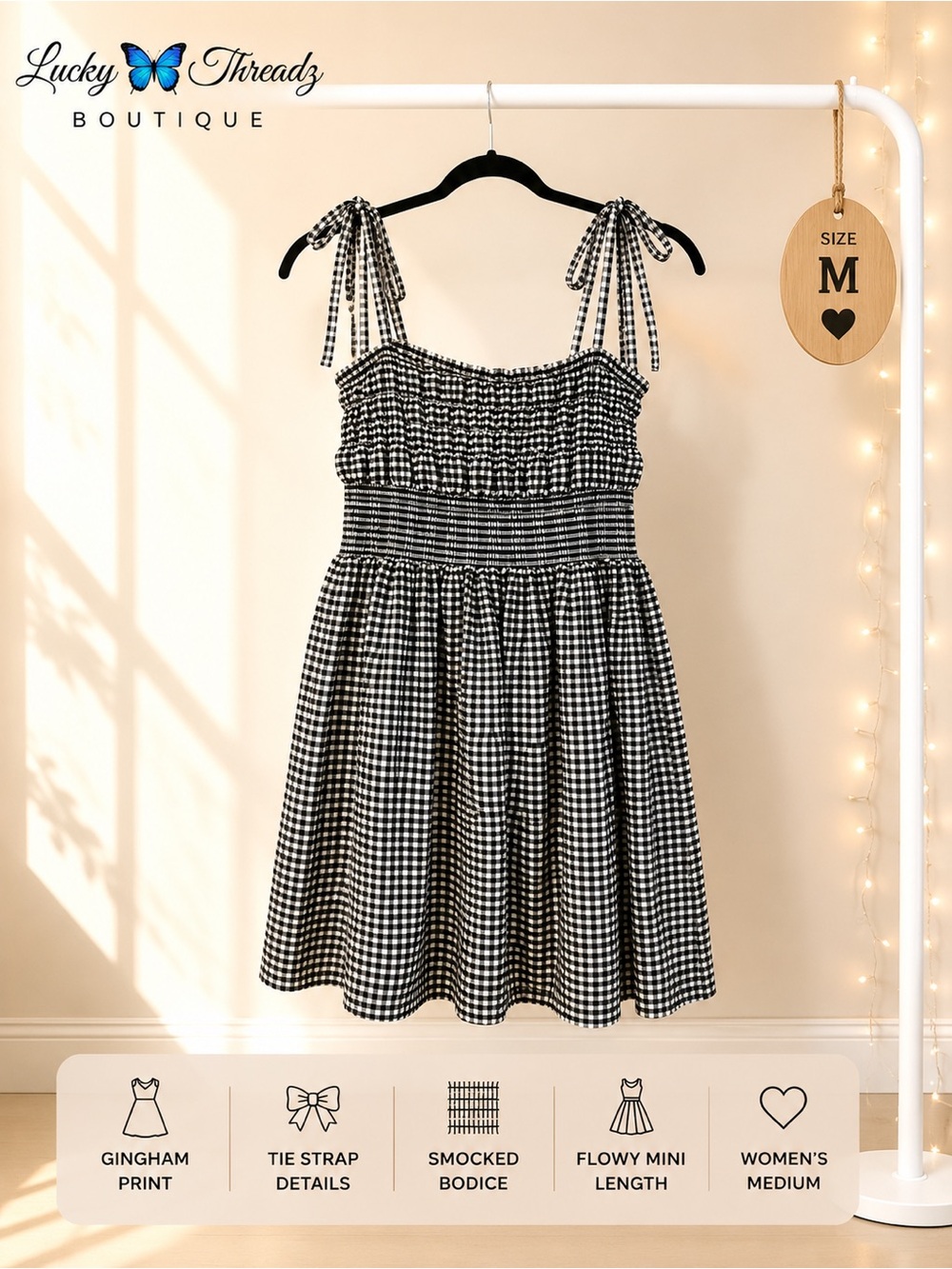 Forever 21 Black White Gingham Smocked Tie Strap Dress Medium